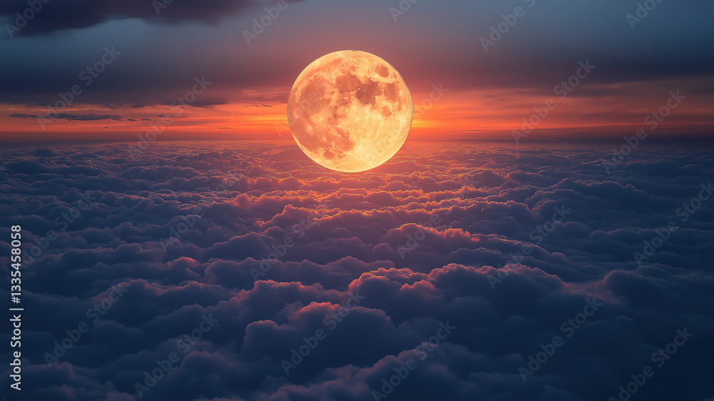 Poster full moon shining brightly above the clouds creating a serene and mystical night view