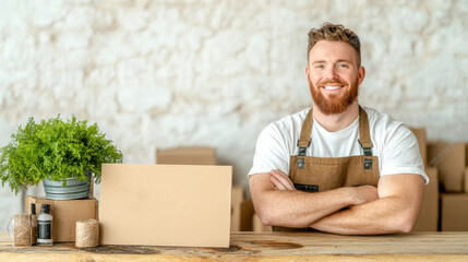 Small Business Owner Holding Eco-Friendly Sign with Smiling Expression