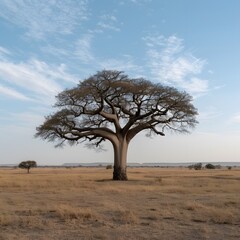 Lone acacia tree savanna sunrise landscape, Africa, travel poster