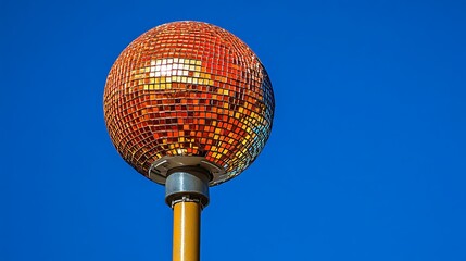 Orange disco ball on a pole against a clear blue sky.