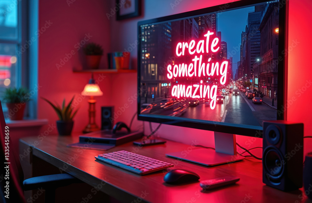 Poster home office setup with screen displaying create something amazing in neon glow. cozy modern workspac