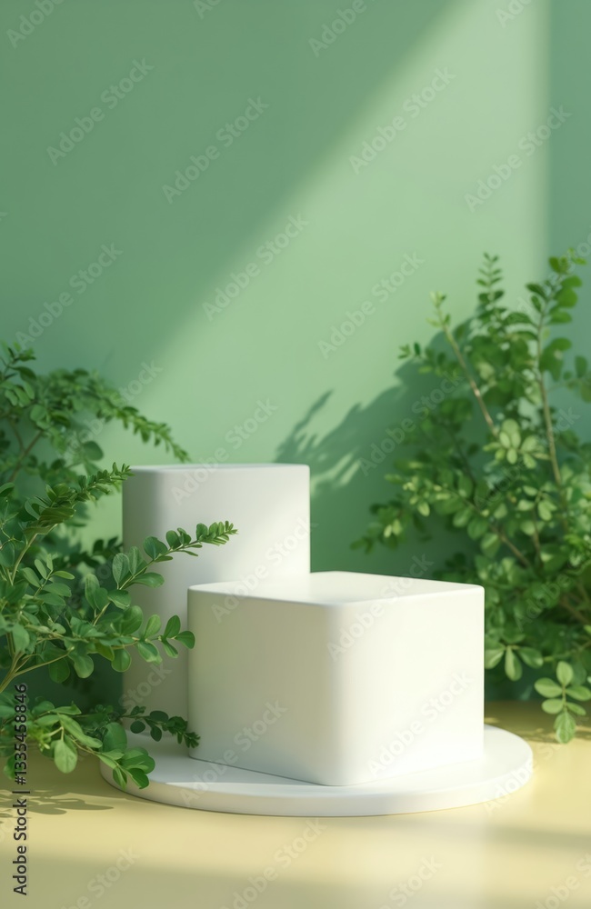 Aufkleber abstract white podium surrounded by rich green plants. geometric platform on pastel green background