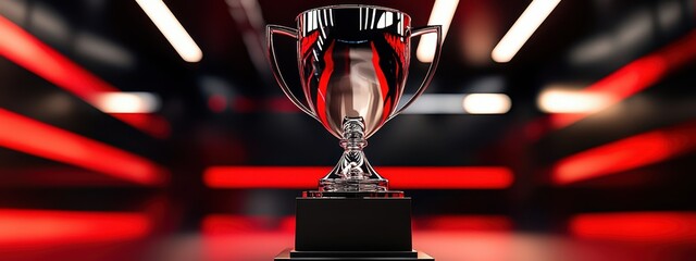 silver trophy. Displayed on a pedestal in a formula 1 broadcast studio. In a red, white and black colour palette