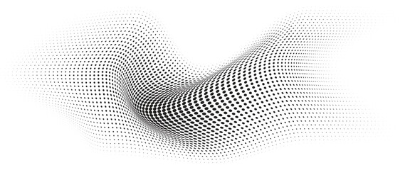 Flowing Wave Dot Halftone Pattern: Curve Gradient Shape on Transparent Background. Suitable for AI, Tech, Network, Digital, Science, and Technology Themes.
