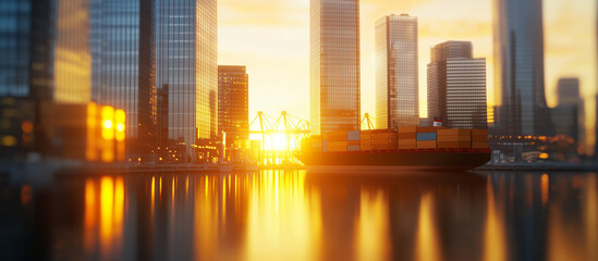 Obraz premium Modern Cargo Ship at Sunset in Urban Trade Hub