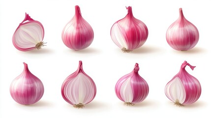 Collection of whole and sliced red onions on white background
