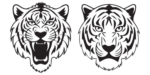 Obraz premium Set of Black and White Tiger Head Illustrations Tiger Head Design
