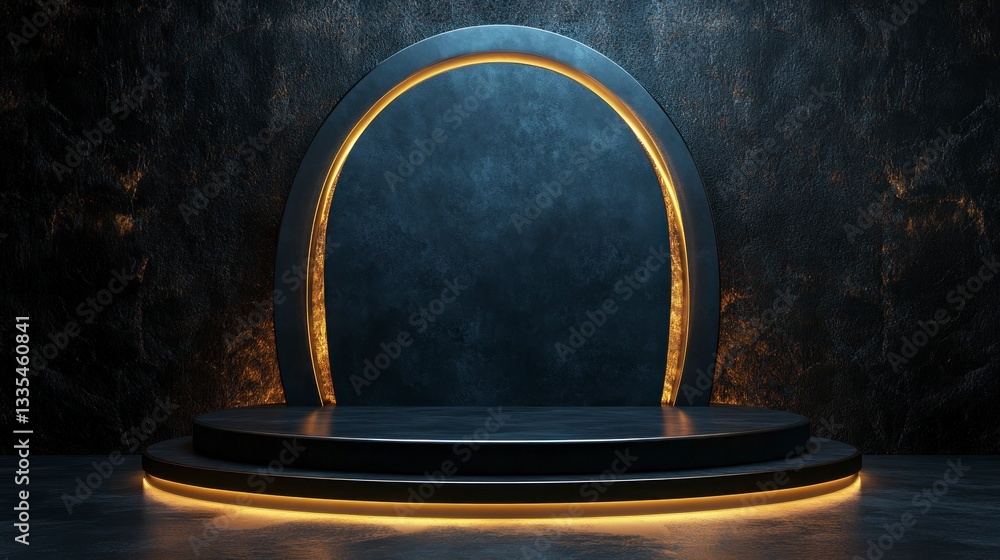Poster presenting product display with backlit arch and tiered platform design