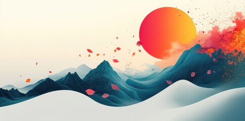 Obraz premium An abstract illustration of mountains with a setting sun and petals