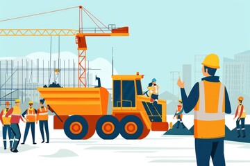 Construction Site Activity with Workers and Heavy Machinery