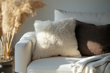 Fluffy White and Brown Pillows on a Cozy Sofa