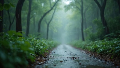 Obraz premium Rainy scenery with path through green forest. Summer rain wets the trees, grass and the ground, droplets are falling. Wet leaves, blurred background and dark trunks after rain shower.