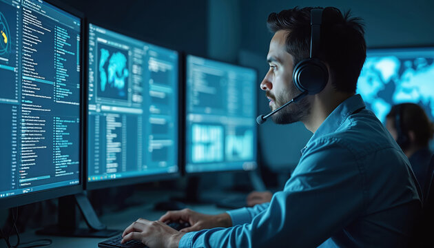 engineer works on multiple displays, analyzes network security, event management. Cyber security analyst monitors threats, resolves incidents, detects anomalies, responds to breaches, ensures