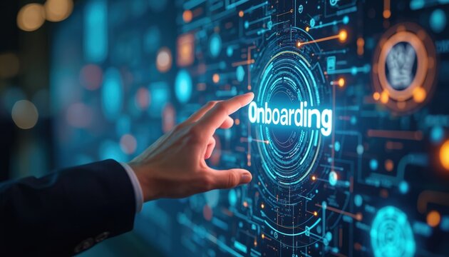 Close-up of human hand touching Onboarding button on interactive virtual screen. High-tech HR process, virtual employee integration, automation, digital hiring, software orientation, e-learning,