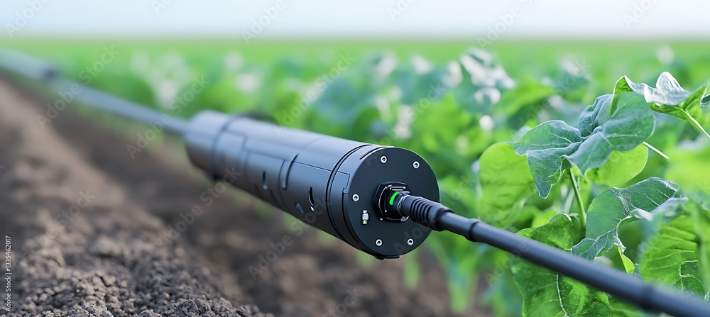 Poster close-up view of a soil moisture sensor in the ground, monitoring crop health and sending data to a 
