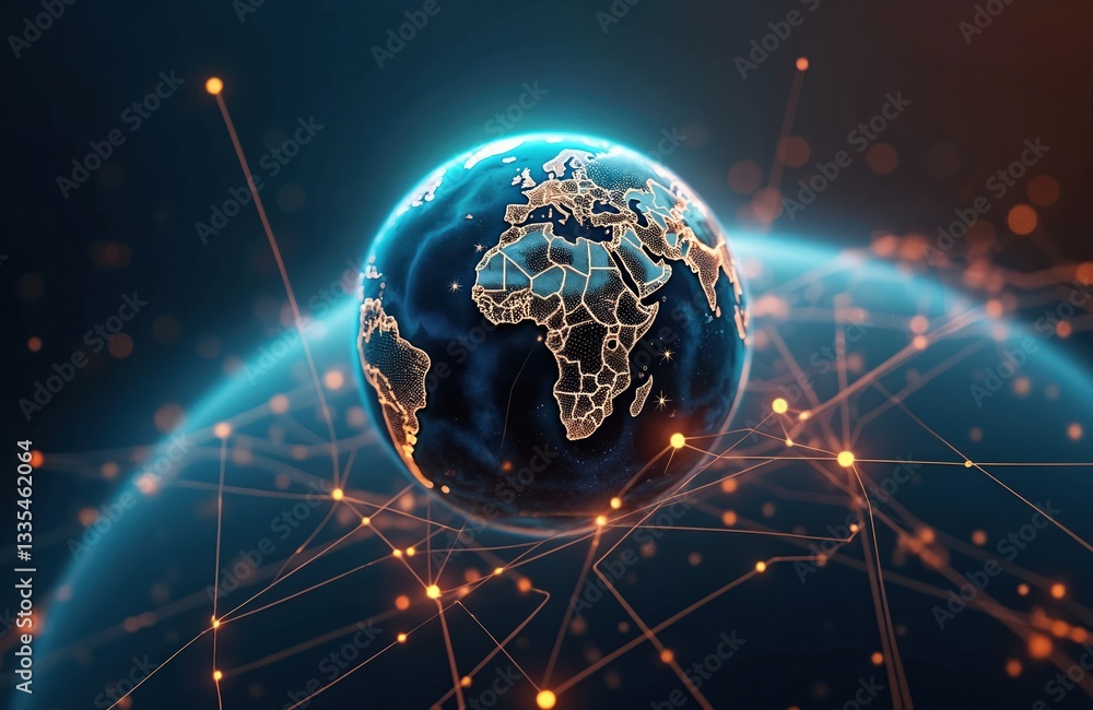Leinwandbilder Global metaverse connectivity with night earth in virtual internet network. Digital communication on 3D background. Worldwide data exchange, blockchain network structure, ai powered automation