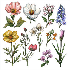 Elegant botanical drawing of various flowers in a vintage style