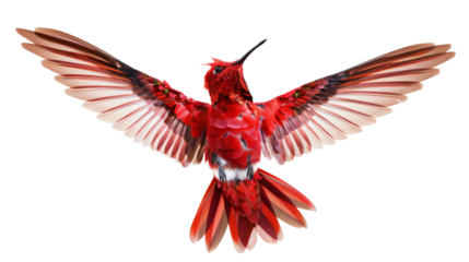 Red hummingbird in flight isolated on white background