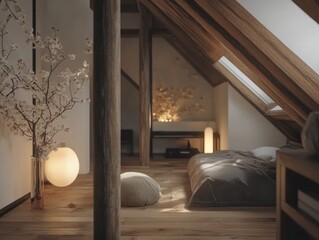 Cozy bedroom interior featuring wooden beams with soft natural light