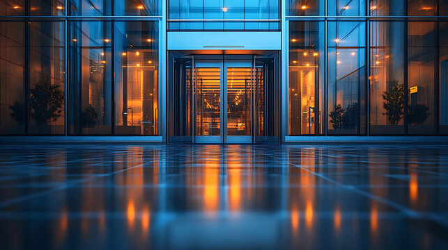 Modern glass entrance with automatic sliding doors illuminated by warm interior lighting. Sleek urban design with reflections on polished floors. National Automatic Door Day concept
