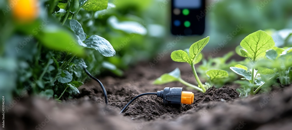 Poster smart soil moisture sensor placed in soil, tracking water levels and transmitting real-time data to 