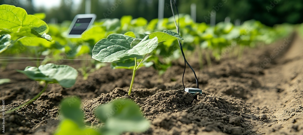 Poster smart soil moisture sensor placed in soil, tracking water levels and transmitting real-time data to 