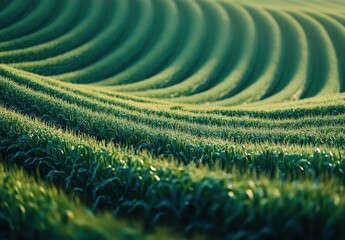 Lush, green fields in perfectly aligned rows create an undulating landscape under the sun.