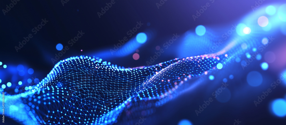 Poster abstract blue digital background with geometric shapes and data flow