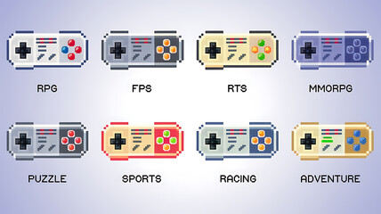 Pixelated video game controllers categorized by genre: RPG FPS RTS MMORPG Puzzle Sports Racing Adventure