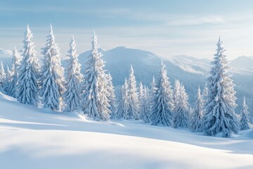 Fototapeta premium Snow-covered pine trees in a serene winter landscape with mountains in the background.