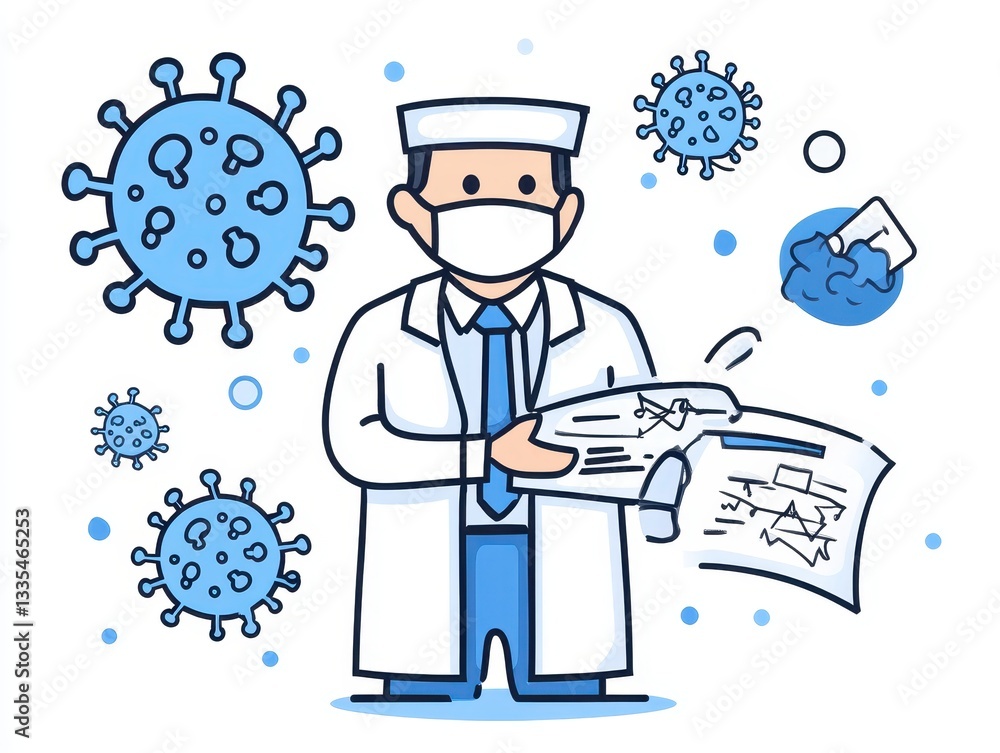 Poster doctor analyzing covid-19 data with virus illustrations in a lab setting