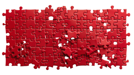 Red jigsaw puzzle pieces assembled in a modern 3D style on a white background