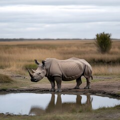 Fototapeta premium Rhino drinking waterhole savanna grassland Africa wildlife conservation