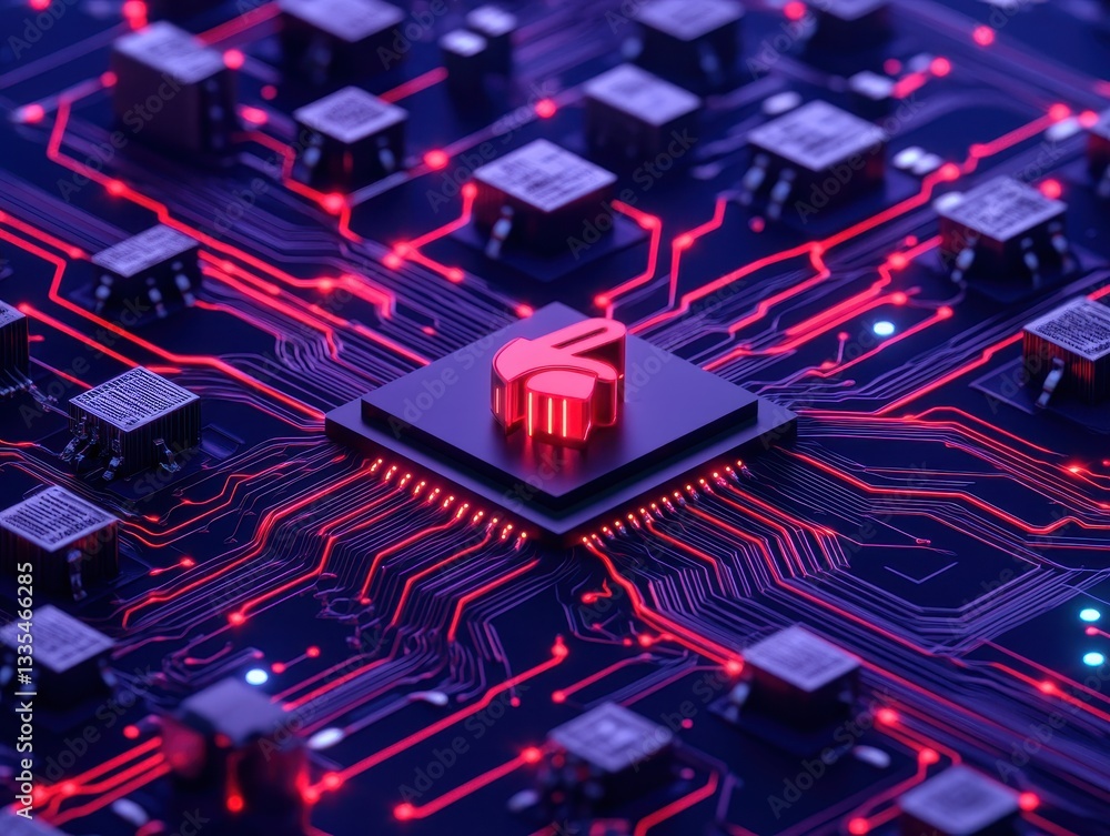 Poster close-up of a modern microchip surrounded by intricate circuitry and glowing connections
