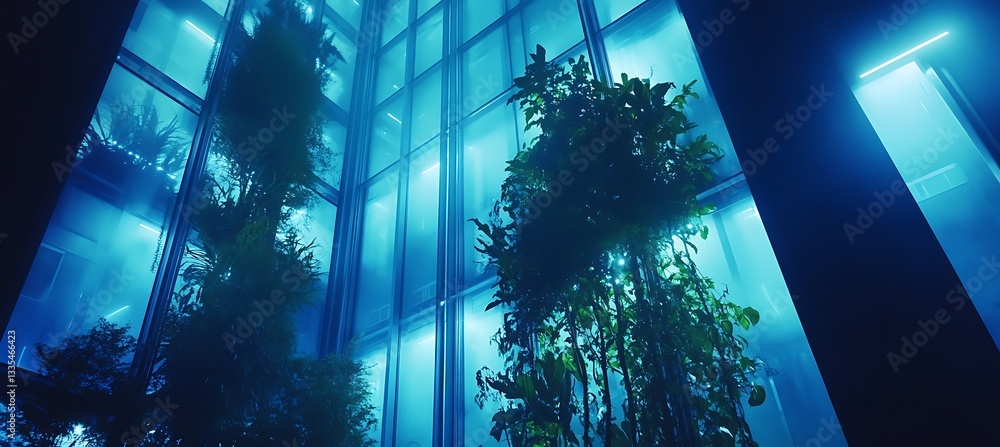 Poster interior view of a skyscraper converted into a vertical farm. multiple levels are filled with green 
