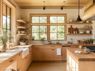 Fototapeta premium A light filled wooden kitchen with open shelving and a window