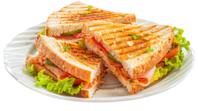 Delicious toasted sandwiches with ham, cheese, tomatoes, and lettuce on a white plate with transparent background