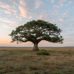 Fototapeta premium Savannah sunrise, lone tree, tranquil landscape, African plains, nature poster