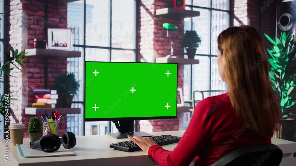 Poster independent person using computer with green screen for remote job tasks at home setup, surrounded b