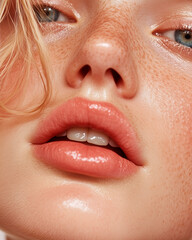 Fototapeta premium Close-up of Freckled Face with Coral Lips and Blonde Hair