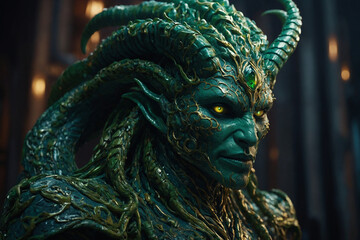 Fototapeta premium Emerald Horned Gorgon: A Detailed Serpentine Humanoid in Vibrant Green.