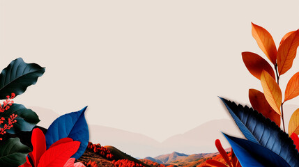 Floral and Mountain Landscape Composition with Red, Orange, and Blue Leaves