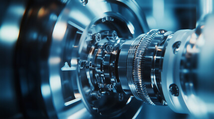 Fototapeta premium Complex mechanism operating with high precision, showcasing advanced manufacturing technology in blue light