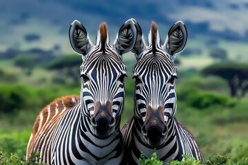 Naklejka premium Two zebras standing close together in African savanna, showing detailed stripes and facial features against green landscape background. Wildlife photography for nature magazines.