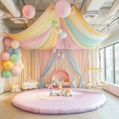 Dreamy photo studio with a rainbow canopy ceiling, soft foam flooring, and playful props such as balloons, toy animals, and swings