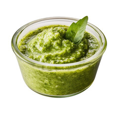 Homemade pesto in a glass bowl on transparent background