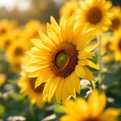 Obraz premium Vibrant sunflower field, close-up of sunflower