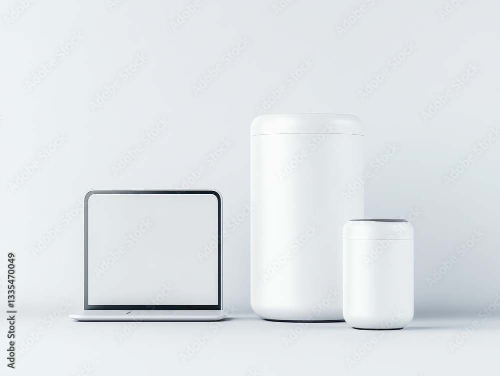 Poster minimalistic workspace featuring a laptop and two white containers on a clean surface