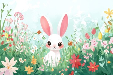 Fototapeta premium A Cute White Bunny Amongst Colorful Flowers in a Meadow