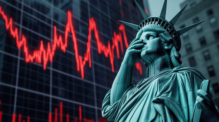 Statue of Liberty with hand on face expressing concern for stock market crash, concept of economic crisis
